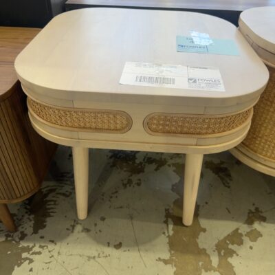 EX DISPLAY JURIEN 550MM SOLID RUBBER WOOD LAMP TABLE WITH RATTAN CURVED DETAIL, SOLD AS IS
