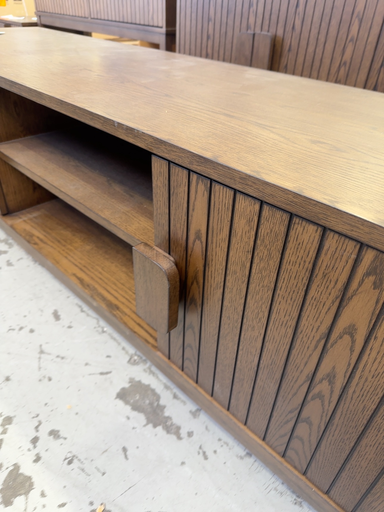 SAMPLE FURNITURE - DEVON MID CENTURY STYLE ENTERTAINMENT UNIT, SMOKE OAK VENEER 1650MM LONG, VERTICAL GROOVE DOORS, SOLD AS IS
