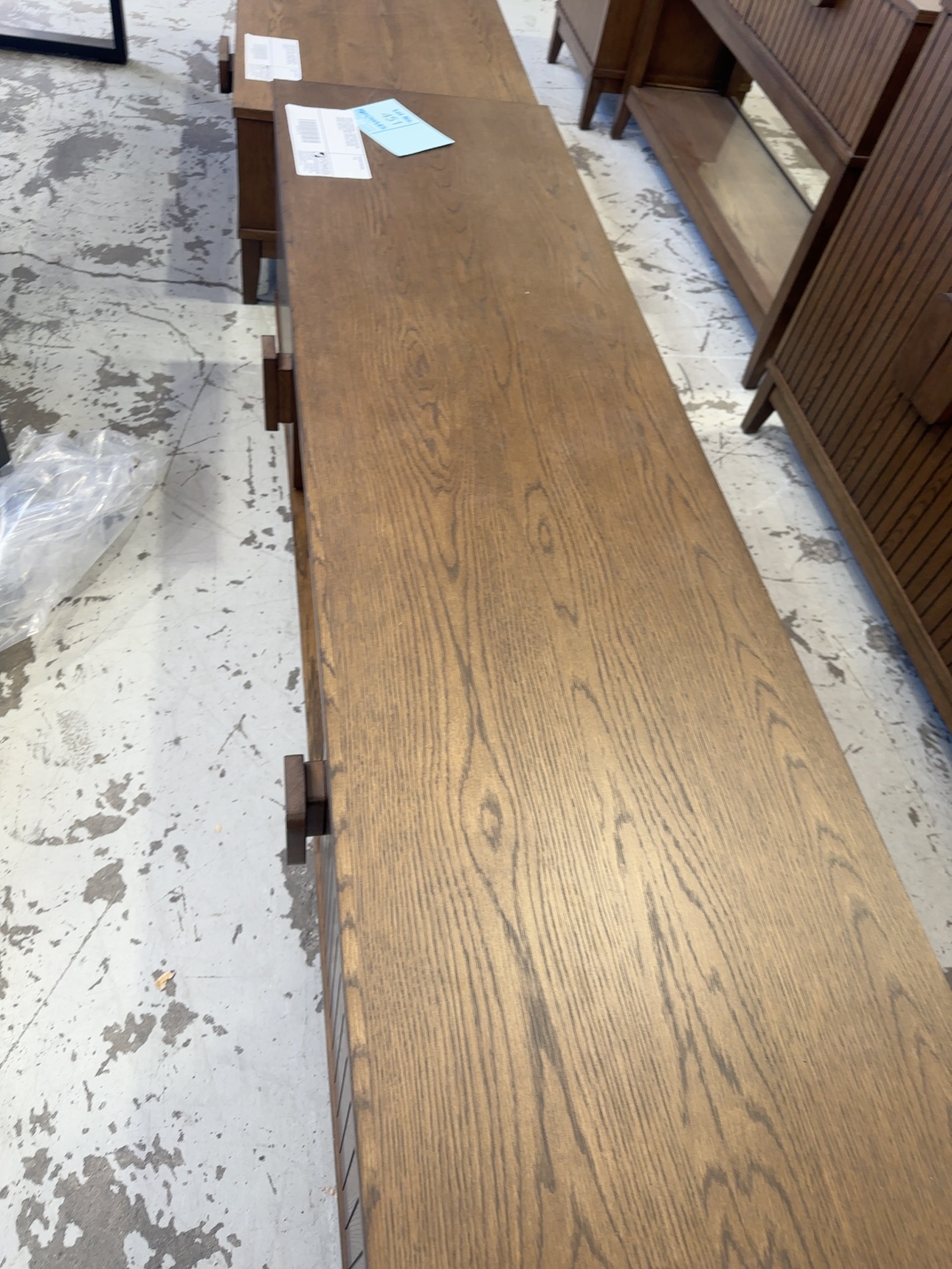 SAMPLE FURNITURE - DEVON MID CENTURY STYLE ENTERTAINMENT UNIT, SMOKE OAK VENEER 1650MM LONG, VERTICAL GROOVE DOORS, SOLD AS IS