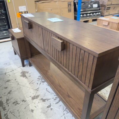 SAMPLE FURNITURE - DEVON MID CENTURY STYLE CONSOLE/HALL TABLE, SMOKE OAK VENEER 1200MM LONG, VERTICAL GROOVE DRAWERS, SOLD AS IS