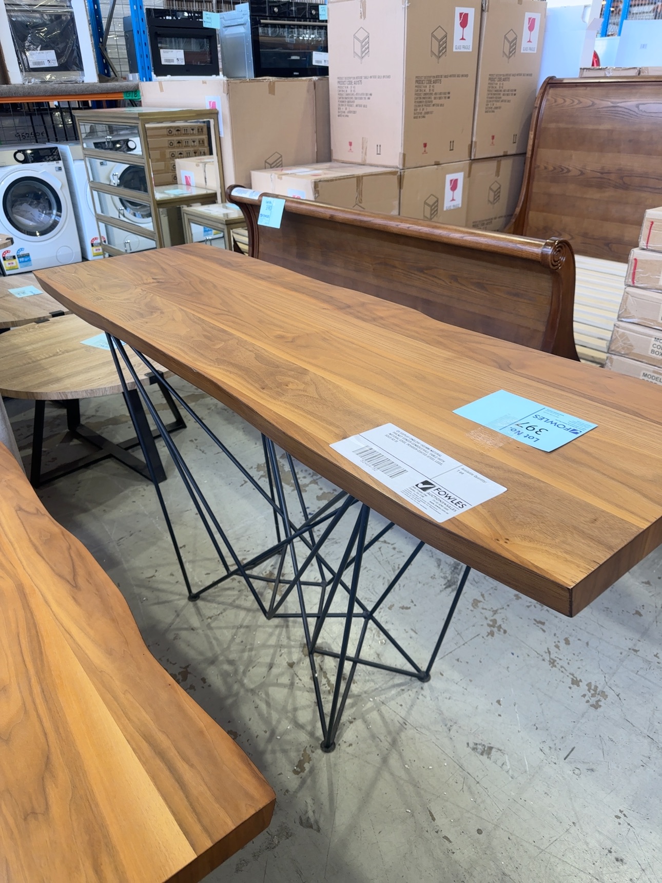 EX DISPLAY ONSLOW 1500MM NATURAL WALNUT VENEER CONSOLE/HALL TABLE WITH NATURAL EDGE, POWDER COATED STEEL LEGS, SOLD AS IS