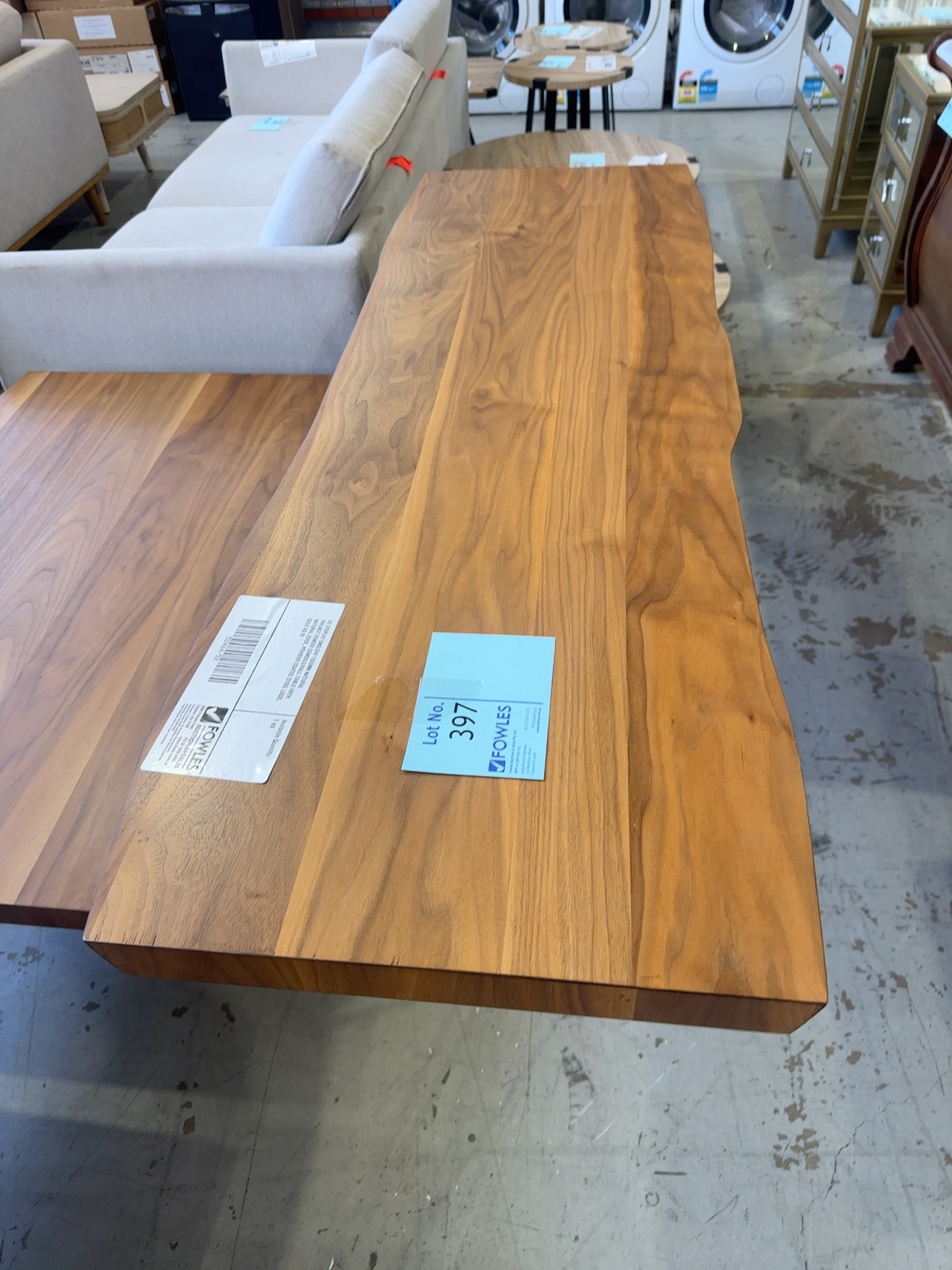EX DISPLAY ONSLOW 1500MM NATURAL WALNUT VENEER CONSOLE/HALL TABLE WITH NATURAL EDGE, POWDER COATED STEEL LEGS, SOLD AS IS