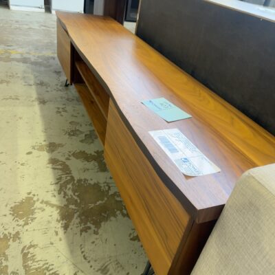 EX DISPLAY ONSLOW 2000MM NATURAL WALNUT VENEER ENTERTAINMENT UNIT WITH OPEN SHELVES & DRAWERS, WITH NATURAL EDGE, POWDER COATED STEEL LEGS, SOLD AS IS