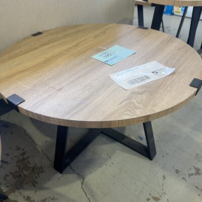 EX DISPLAY CAPRI 770MM ROUND LIGHT OAK VENEER COFFEE TABLE WITH POWDER COATED METAL LEGS