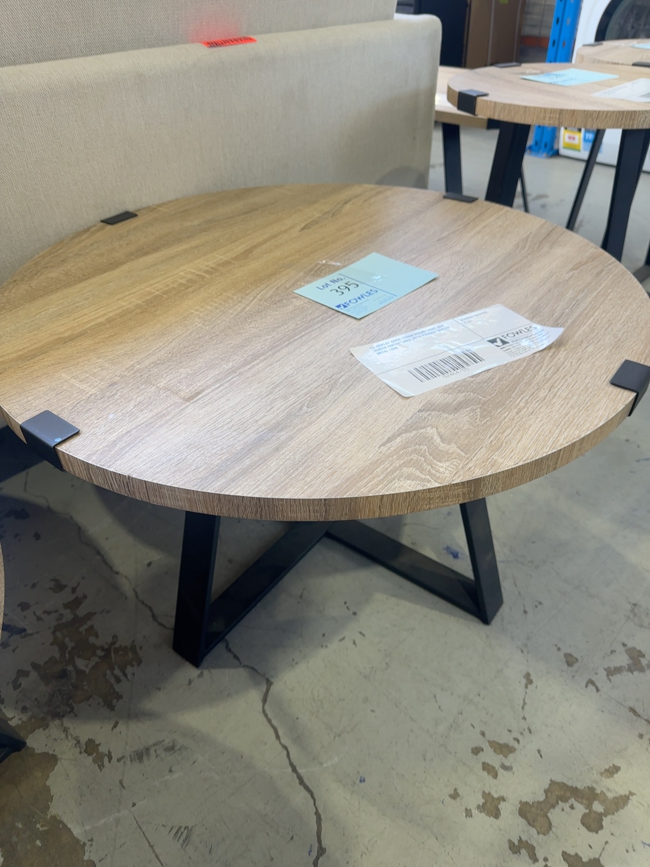 EX DISPLAY CAPRI 770MM ROUND LIGHT OAK VENEER COFFEE TABLE WITH POWDER COATED METAL LEGS