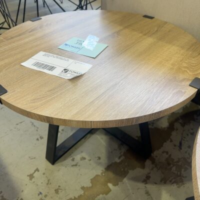 EX DISPLAY CAPRI 770MM ROUND LIGHT OAK VENEER COFFEE TABLE WITH POWDER COATED METAL LEGS