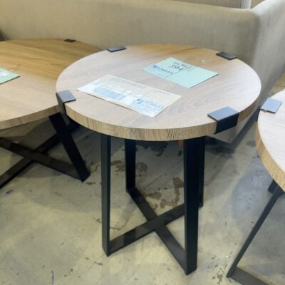 EX DISPLAY CAPRI 445MM ROUND LIGHT OAK VENEER SIDE TABLE WITH POWDER COATED METAL LEGS