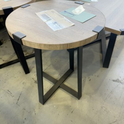 EX DISPLAY CAPRI 445MM ROUND LIGHT OAK VENEER SIDE TABLE WITH POWDER COATED METAL LEGS