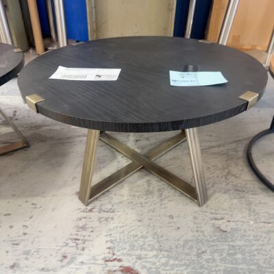 EX DISPLAY CAPRI BLACK OAK VENEER 770MM ROUND COFFEE TABLE WITH BRUSHED GOLD METAL LEGS, SOLD AS IS