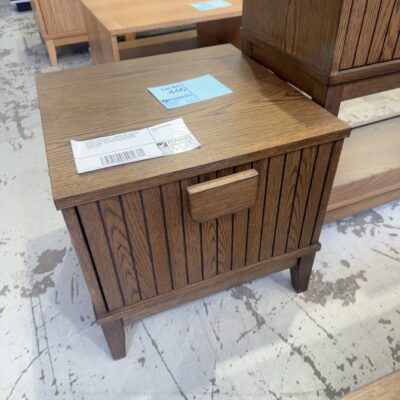 SAMPLE FURNITURE - DEVON MID CENTURY STYLE LAMP TABLE, SMOKE OAK VENEER 500MM LONG, VERTICAL GROOVE PANELS, SOLD AS IS