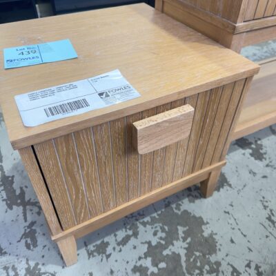 SAMPLE FURNITURE - SOMERSET MID CENTURY STYLE LAMP TABLE, LIGHT OAK VENEER 500MM LONG, VERTICAL GROOVE PANELS, SOLD AS IS
