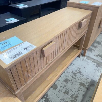 SAMPLE FURNITURE - SOMERSET MID CENTURY STYLE CONSOLE/HALL TABLE, LIGHT OAK VENEER 1200MM LONG, VERTICAL GROOVE DRAWERS, SOLD AS IS