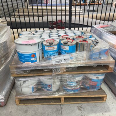 DOUBLE PALLET OF ASSORTED CANS OF PAVING PAINT AND PAVING THINNERS, 2 PALLETS #7 & #8