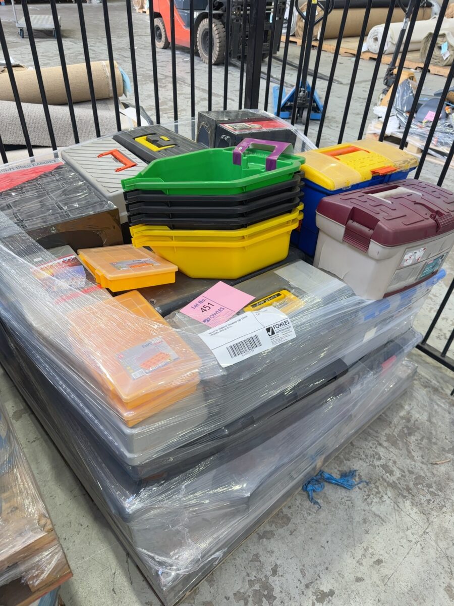 PALLET OF ASSORTED TOOLBOXES AND SCREW HOLDERS, SOLD AS IS #11