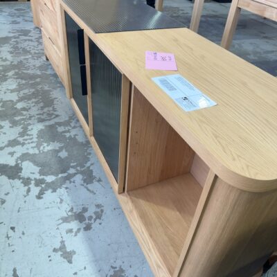 EX DISPLAY ASTON 1700MM BUFFETT, AMERICAN OAK WITH FLUTED GLASS DOORS,  **ONE DOOR FRAME IS BROKEN & WOULD NEED REPAIR** SOLD AS IS