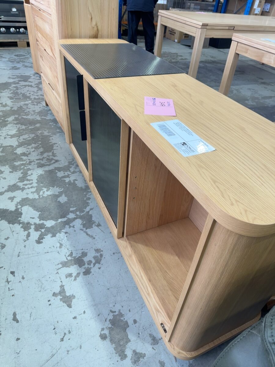 EX DISPLAY ASTON 1700MM BUFFETT, AMERICAN OAK WITH FLUTED GLASS DOORS,  **ONE DOOR FRAME IS BROKEN & WOULD NEED REPAIR** SOLD AS IS