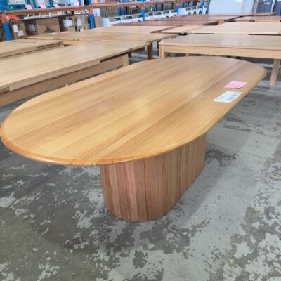 EX DISPLAY CLAIRE CURVED 2200MM MESSMATE DINING TABLE, PEDESTAL BASE, **TABLE HAS LARGE CRACK THROUGH THE MIDDLE, MISSING SCREWS** SOLD AS IS