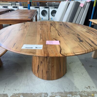 EX DISPLAY JINDALEE 1600MM ROUND MARRI TIMBER DINING TABLE ON PEDESTAL BASE, SOLD AS IS