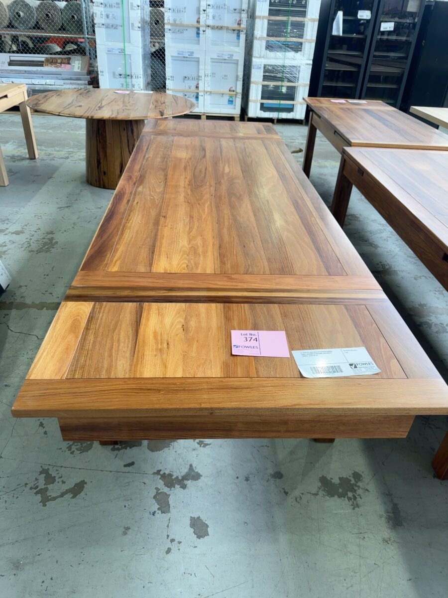 EX DISPLAY KALLISTA EXTENSION DINING TABLE 2050MM TO 3050MM, MESSMATE TIMBER, SOLD AS IS