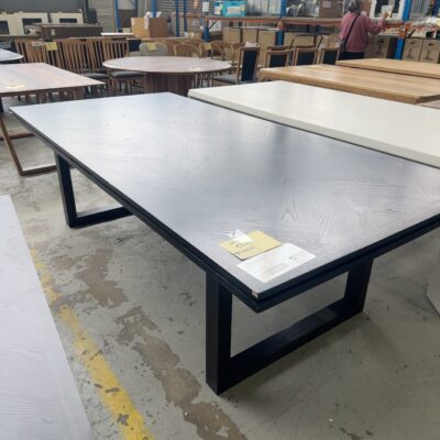 EX DISPLAY ADLEY 2500MM DINING TABLE AMERICAN ASH, HERRINGBONE DESIGN, STAINED JAPAN BLACK, SOLD AS IS