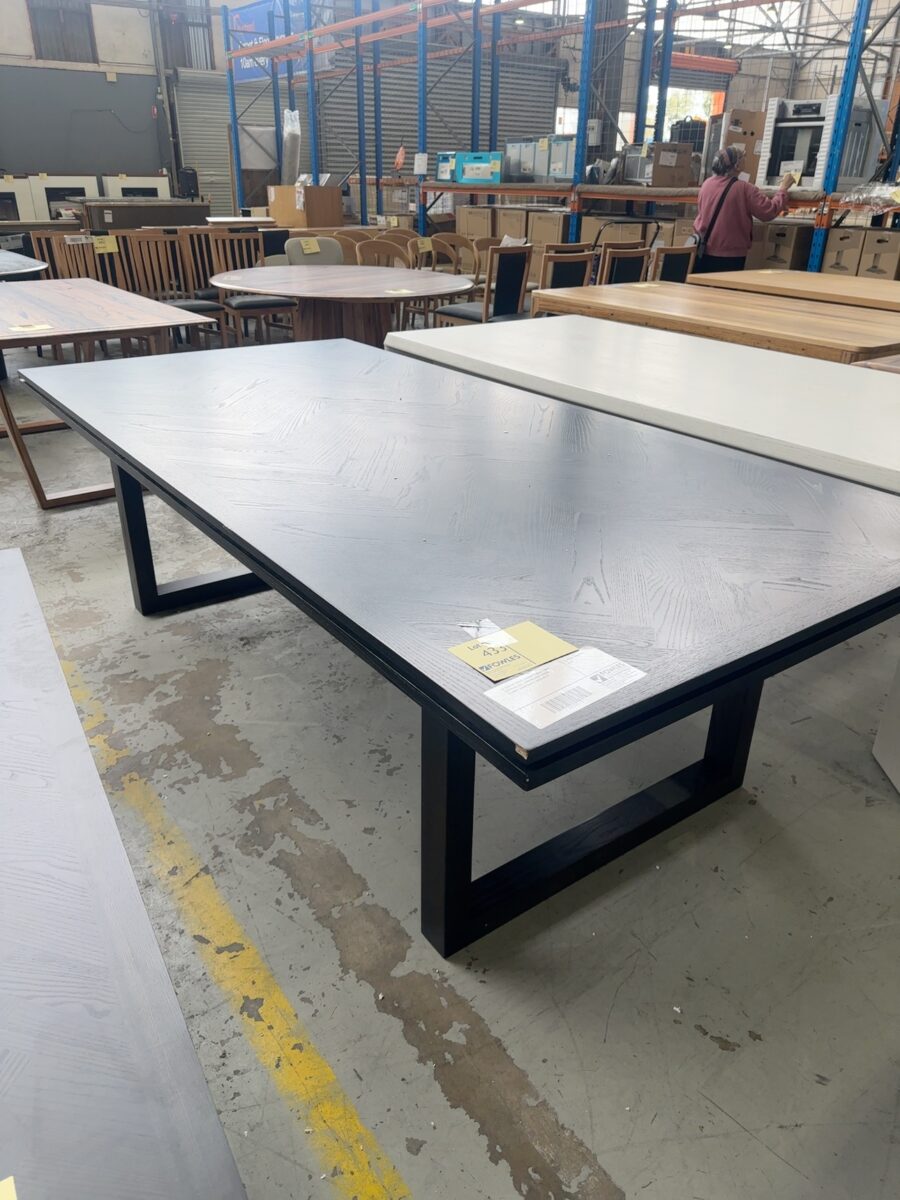 EX DISPLAY ADLEY 2500MM DINING TABLE AMERICAN ASH, HERRINGBONE DESIGN, STAINED JAPAN BLACK, SOLD AS IS