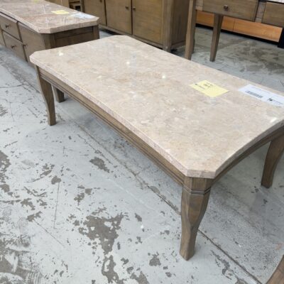 SAMPLE FURNITURE - OSCAR 1350MM COFFEE TABLE, TIMBER & GOLDEN FLOWER MARBLE TOP, SOLD AS IS