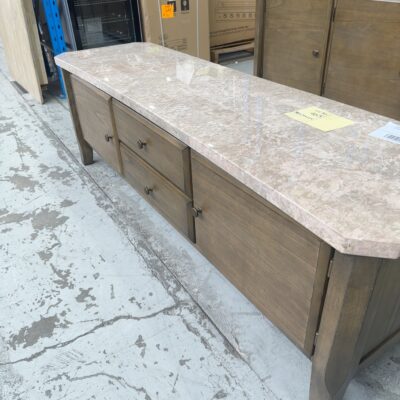 SAMPLE FURNITURE - OSCAR 1700MM ENTERTAINMENT UNIT, TIMBER & GOLDEN FLOWER MARBLE TOP, SOLD AS IS