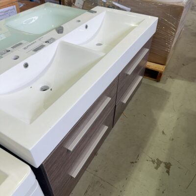 EX DISPLAY 1200MM WALL HUNG VANITY, OAK LAMINATE, WITH DRAWERS WITH POLY TOP, SOLD AS IS
