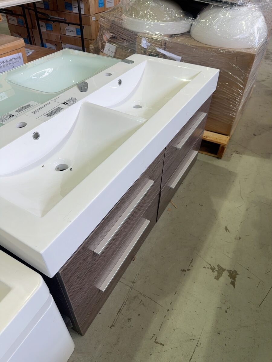 EX DISPLAY 1200MM WALL HUNG VANITY, OAK LAMINATE, WITH DRAWERS WITH POLY TOP, SOLD AS IS
