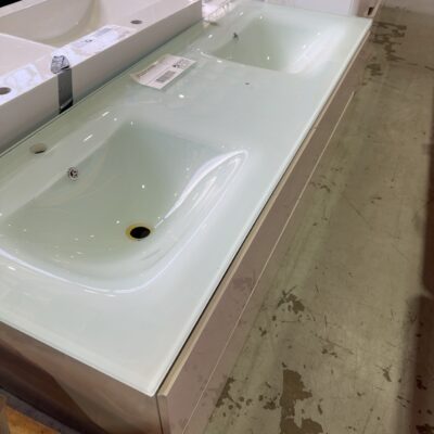 EX DISPLAY 1500MM WALL HUNG FINGERPULL VANITY, DOUBLE BOWL GLASS TOP, SOLD AS IS