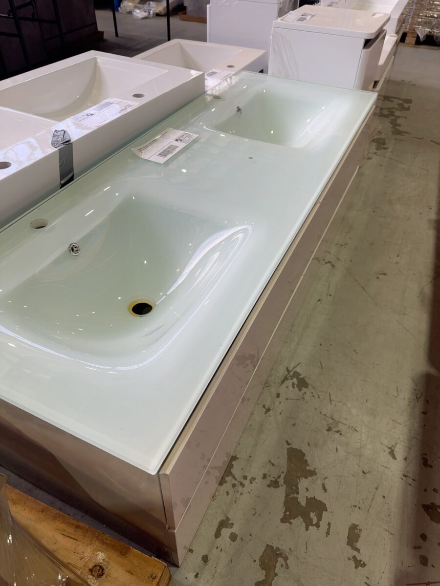 EX DISPLAY 1500MM WALL HUNG FINGERPULL VANITY, DOUBLE BOWL GLASS TOP, SOLD AS IS