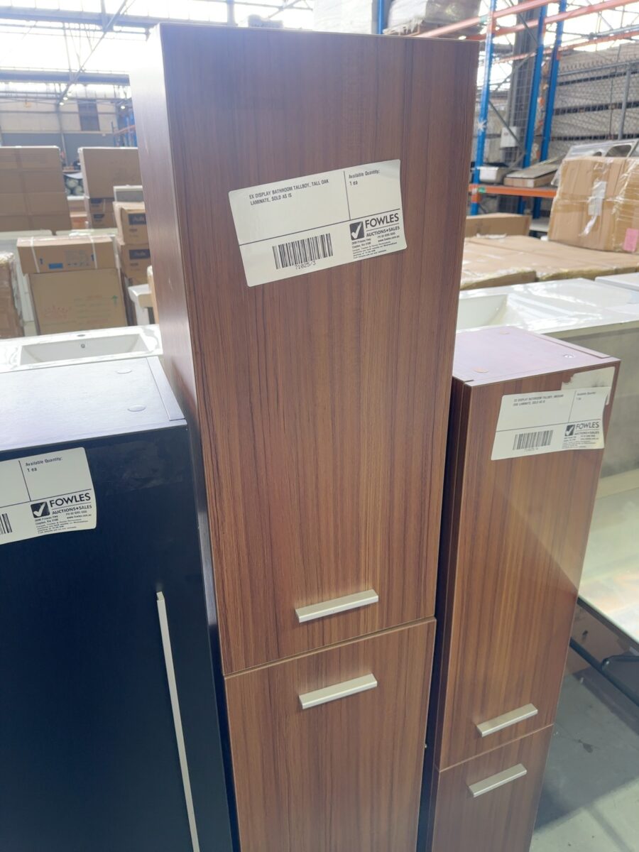 EX DISPLAY BATHROOM TALLBOY, TALL OAK LAMINATE, SOLD AS IS