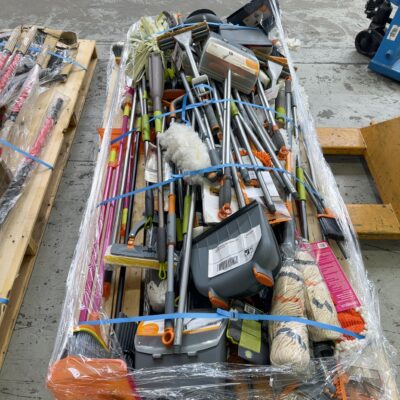 PALLET OF ASSORTED MOPS, BROOMS, DUST PANS, SOLD AS IS #15
