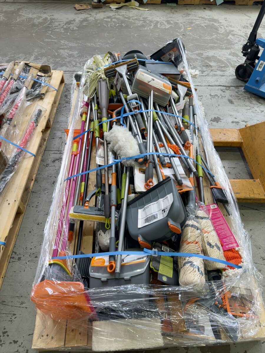 PALLET OF ASSORTED MOPS, BROOMS, DUST PANS, SOLD AS IS #15