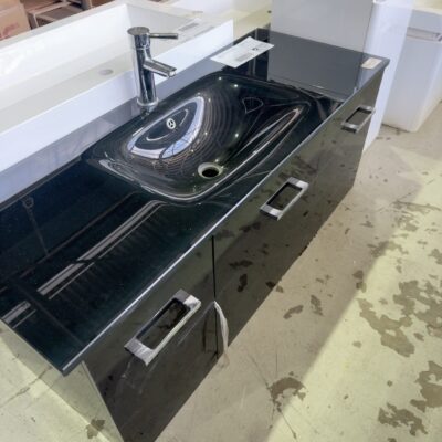 EX DISPLAY 1200MM BLACK GLOSS WALL HUNG VANITY WITH GLASS TOP WITH TAP SOLD AS IS