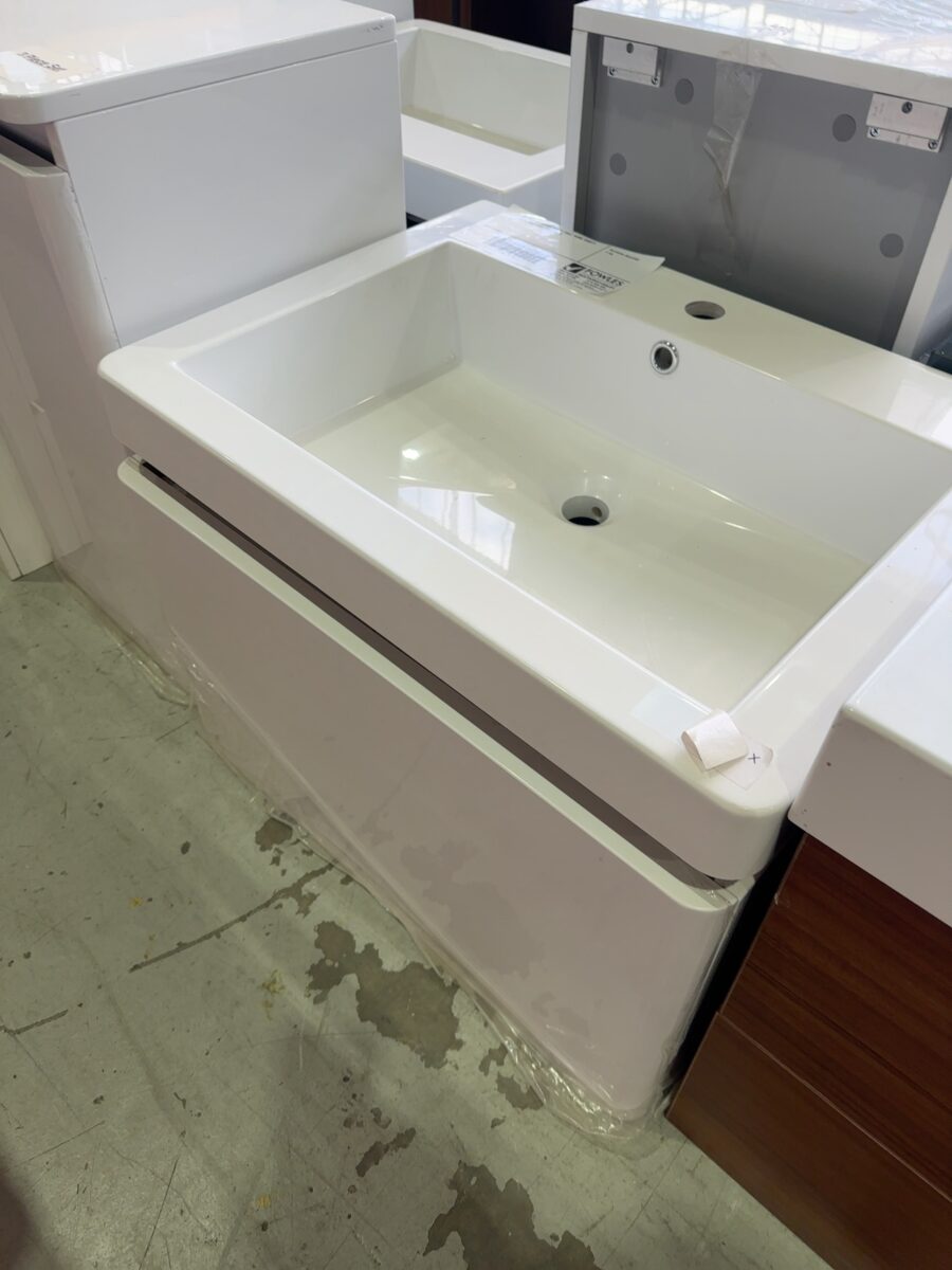 EX DISPLAY 650MM WHITE WALL HUNG VANITY WITH POLY TOP, SOLD AS IS