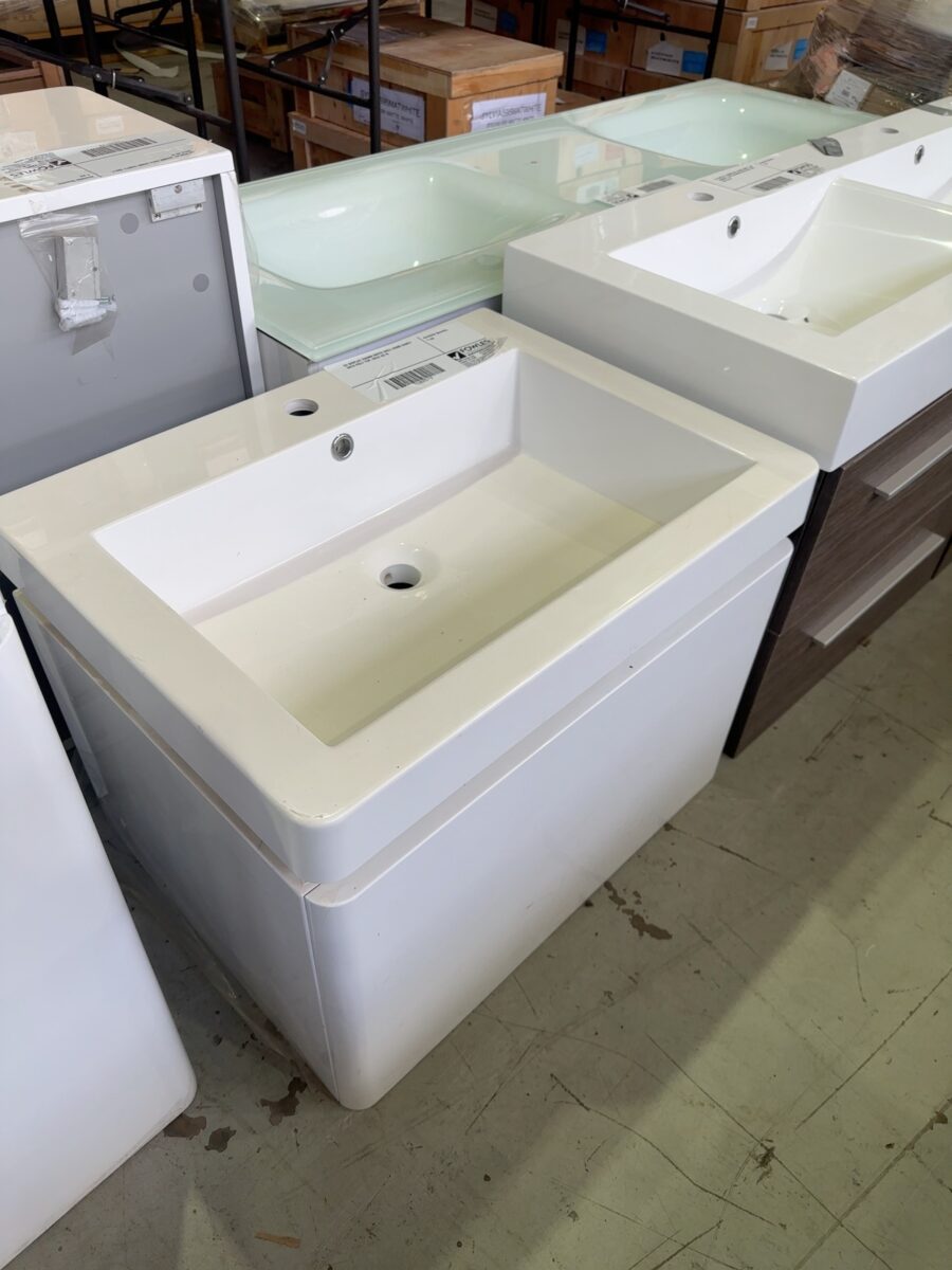 EX DISPLAY 650MM WHITE WALL HUNG VANITY WITH POLY TOP, SOLD AS IS