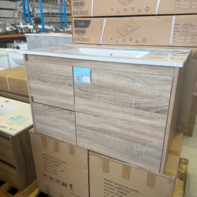 NEW GRACE 900MM WALL HUNG VANITY, OAK LAMINATE WITH RIGHT HAND DRAWER WITH WHITE CRYSTAL CERAMIC TOP, CAWH05-900R & CT28-900 RRP9