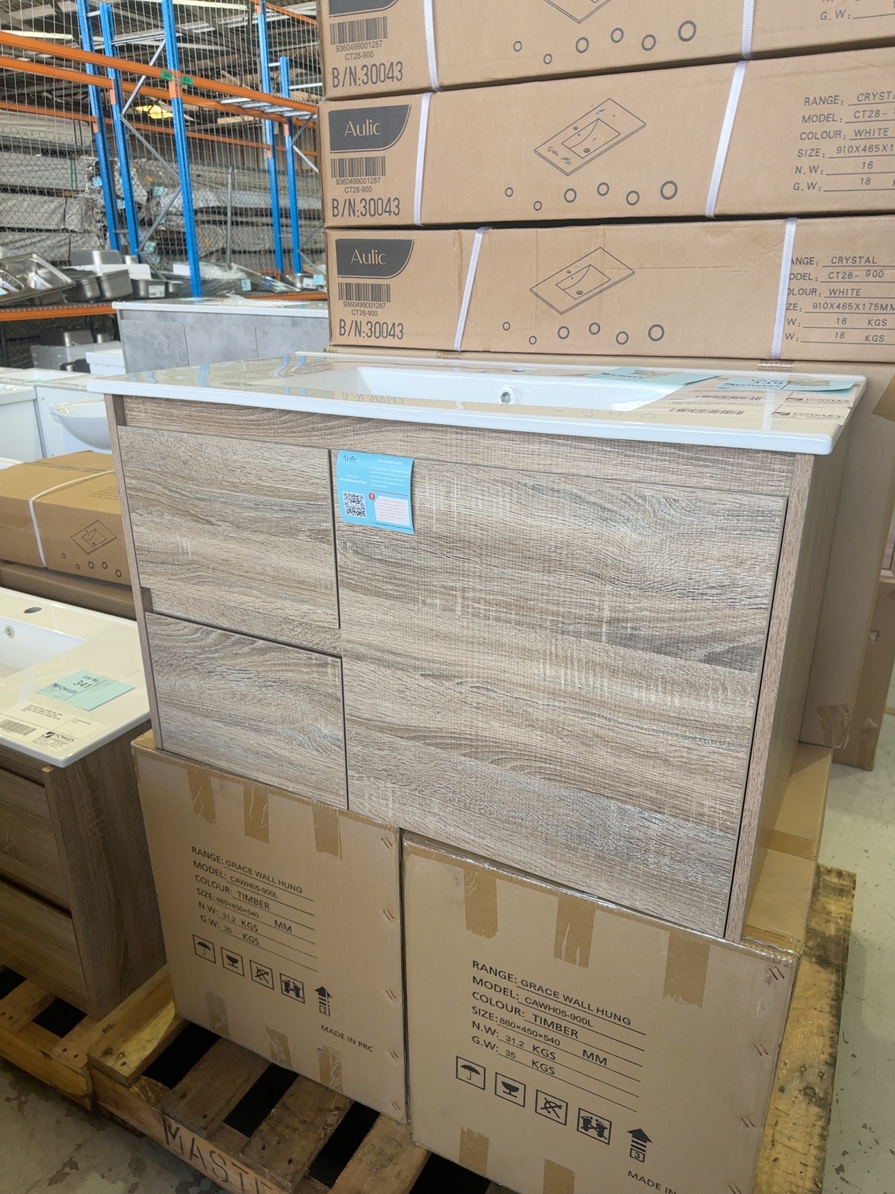 NEW GRACE 900MM WALL HUNG VANITY, OAK LAMINATE WITH RIGHT HAND DRAWER WITH WHITE CRYSTAL CERAMIC TOP, CAWH05-900R & CT28-900 RRP$699