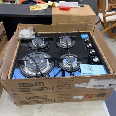 NEW 600MM DEVANTI GAS COOKTOP ON BLACK GLASS, 4 BURNER WITH 3 MONTH WARRANTY