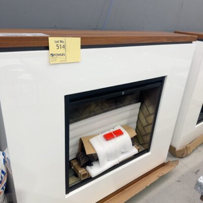 EX DISPLAY DIMPLEX 2KW STRATA ELECTRIC FIREPLACE SUITE, WHITE WITH WALNUT VENEER MANTLE, REVILLUSION FLAME TECHNOLOGY FULL CONCRETE SURROUND BOX WITH REMOTE, RRP96 WITH 3 MONTH WARRANTY