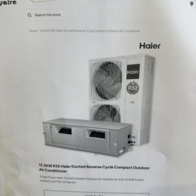 NEW HAIER DUCTED REVERSE CYCLE COMPACT AIR CONDITIONER SYSTEM, 12.5KW COOLING & 14KW HEATING, SINGLE PHASE, MADE UP OF OUTDOOR & INDOOR UNIT (DOES NOT INCLUDE DUCTING AND VENTS) 12 MONTH WARRANTY AD125S2SH5FA & 1U125SN5FA