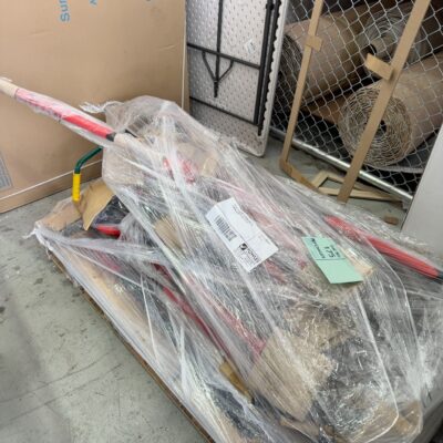 PALLET OF ASSORTED GARDEN TOOLS & HANGING HOOKS ETC SOLD AS IS