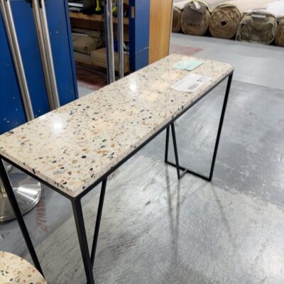 EX STAGING, HALL TABLE WITH TERRAZZO TOP AND BLACK METAL FRAME, SOLD AS IS **CRACKED IN MIDDLE**