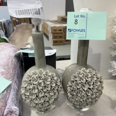 EX STAGING, PAIR OF LAMP BASES, GREY WITH 3D FLOWERS, SOLD AS IS