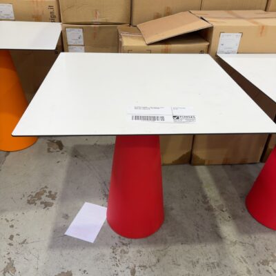 EX EVENT STAGING - RED ACRYLIC TABLE BASE WITH WHITE TOP, NO SCREWS SUPPLIED, SOLD AS IS EX EVENT STAGING - RED ACRYLIC TABLE BASE WITH WHITE TOP, NO SCREWS SUPPLIED, SOLD AS IS