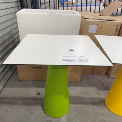EX EVENT STAGING - GREEN ACRYLIC TABLE BASE WITH WHITE TOP, NO SCREWS SUPPLIED, SOLD AS IS