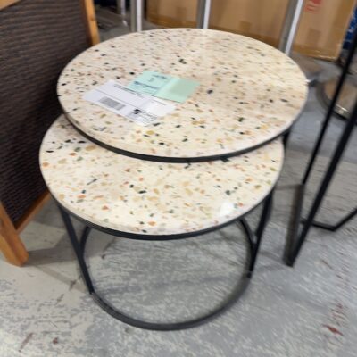 EX STAGING, NEST OF TABLES, TERRAZZO TOPS AND BLACK METAL FRAME, SOLD AS IS