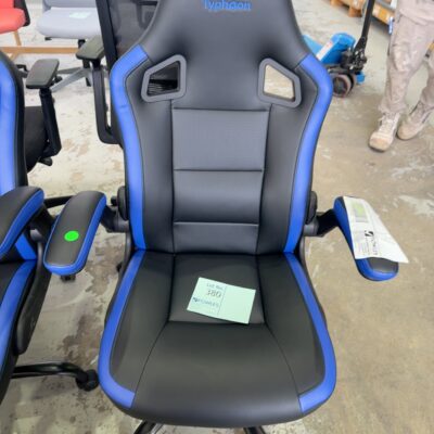 SAMPLE FURNITURE - BLACK RACER CHAIR WITH BLUE CONTRAST, FLIP UP ARMS, ADJUSTABLE, WEIGHT 120KG, RRP$148 .I