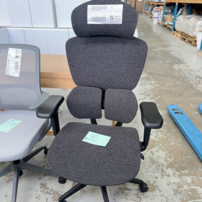SAMPLE FURNITURE - DARK GREY FABRIC ERGONOMIC HIGH BACK CHAIR, ADJUSTABLE HEADREST, FULLY ADJUSTABLE WEIGHT CAPACITY 130KG RRP$329 .J